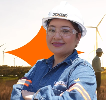 Trabajadora con molinos de viento en el fondo